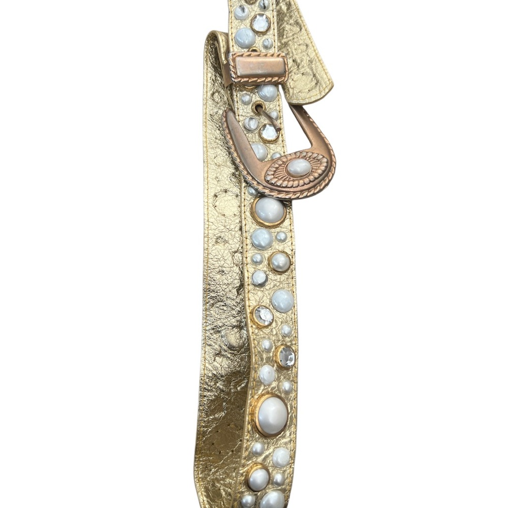 Vintage Gold Leather Pearl Rhinestone Western Hook Belt Y2K Boho festival